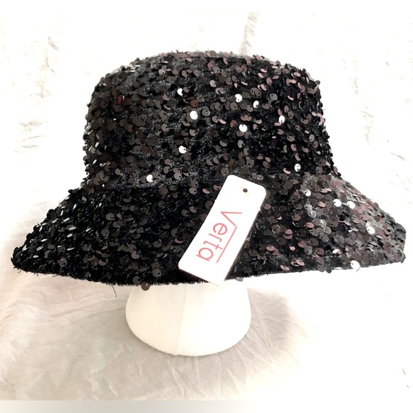 VERTA Women’s sequin black Glittery all over Bucket Hat/Cap size OS NWT - Picture 2 of 11